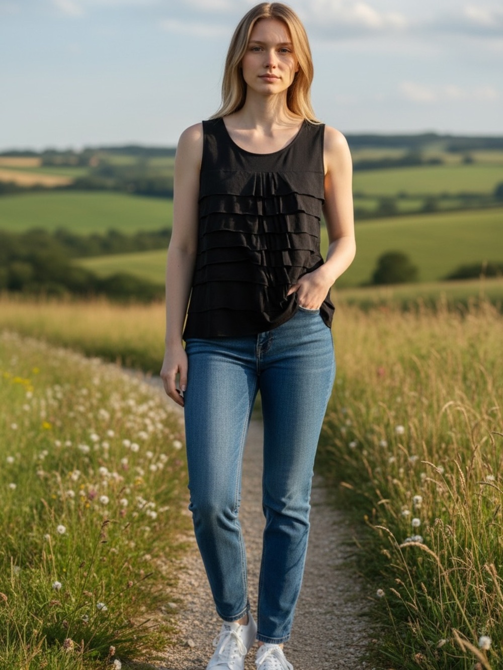 Rafaella Black Sleeveless Ruffle-Front Blouse - Picture 3 of 4